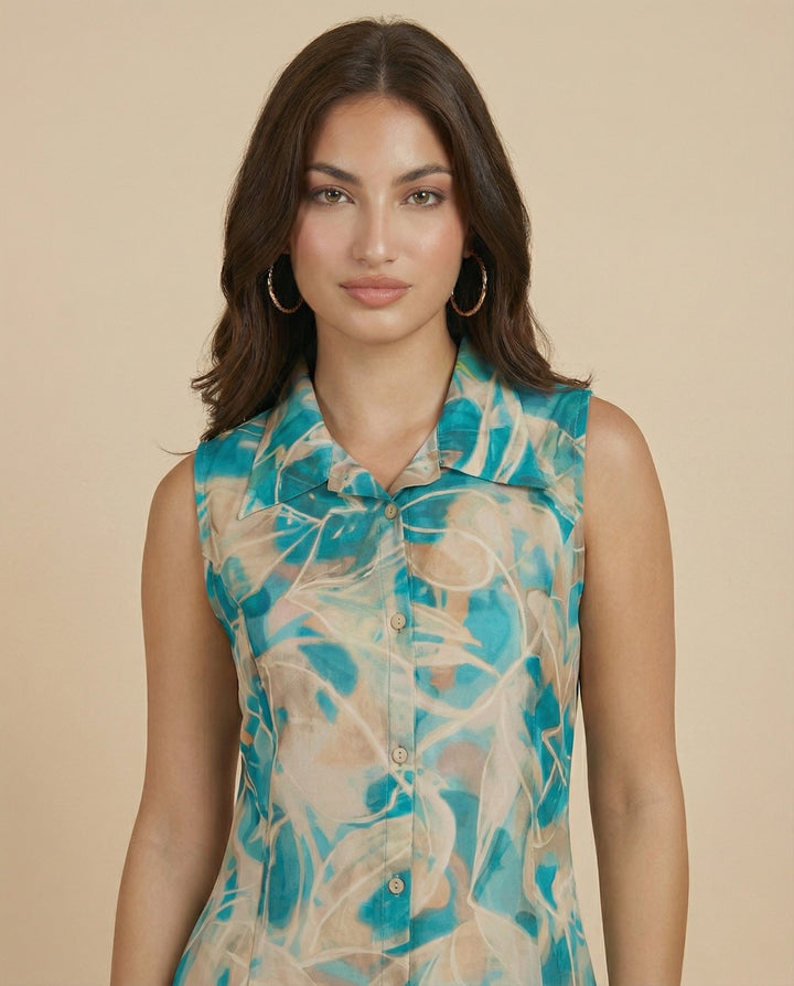 Sky Blue Printed Viscose Blended Midi Dress