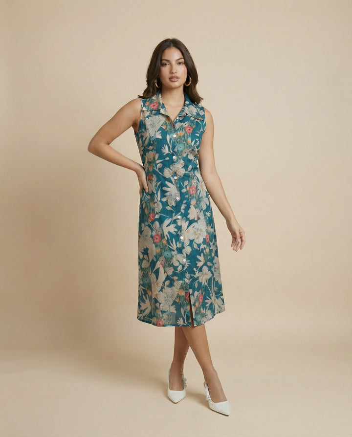 Peacock Printed Viscose Blended Midi Dress