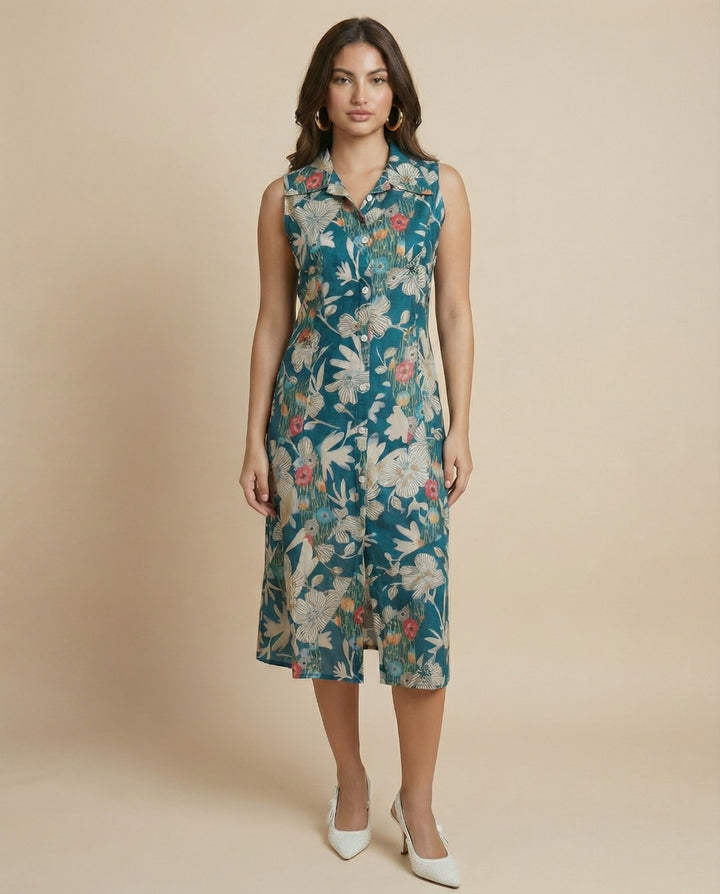 Peacock Printed Viscose Blended Midi Dress