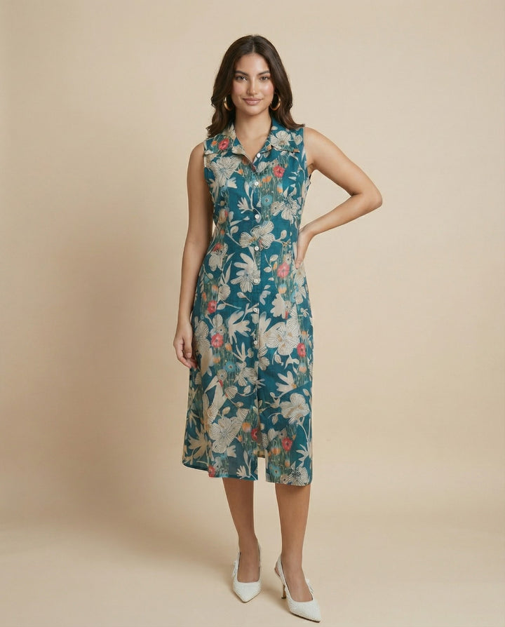 Peacock Printed Viscose Blended Midi Dress