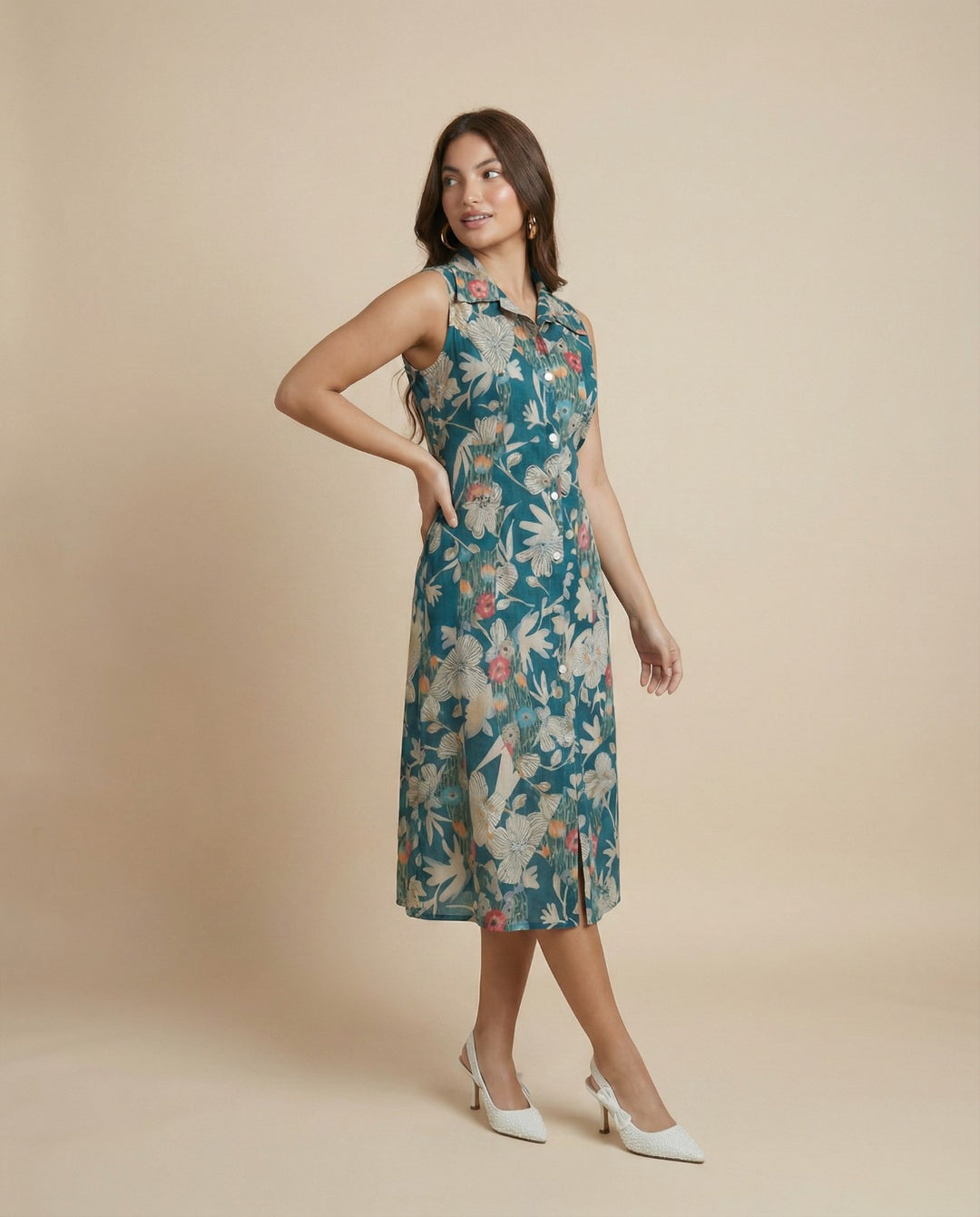 Peacock Printed Viscose Blended Midi Dress