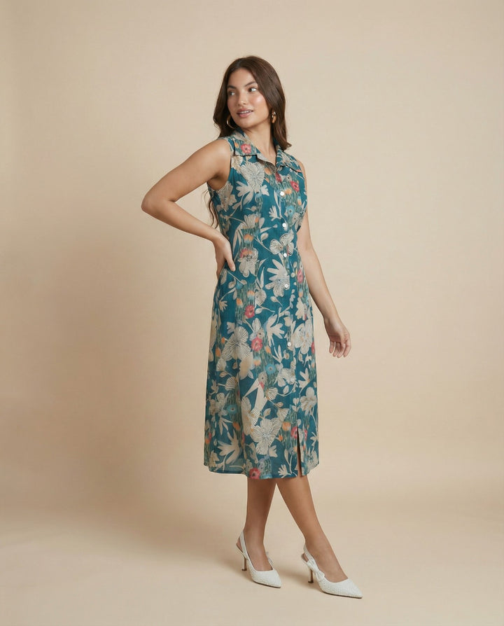 Peacock Printed Viscose Blended Midi Dress