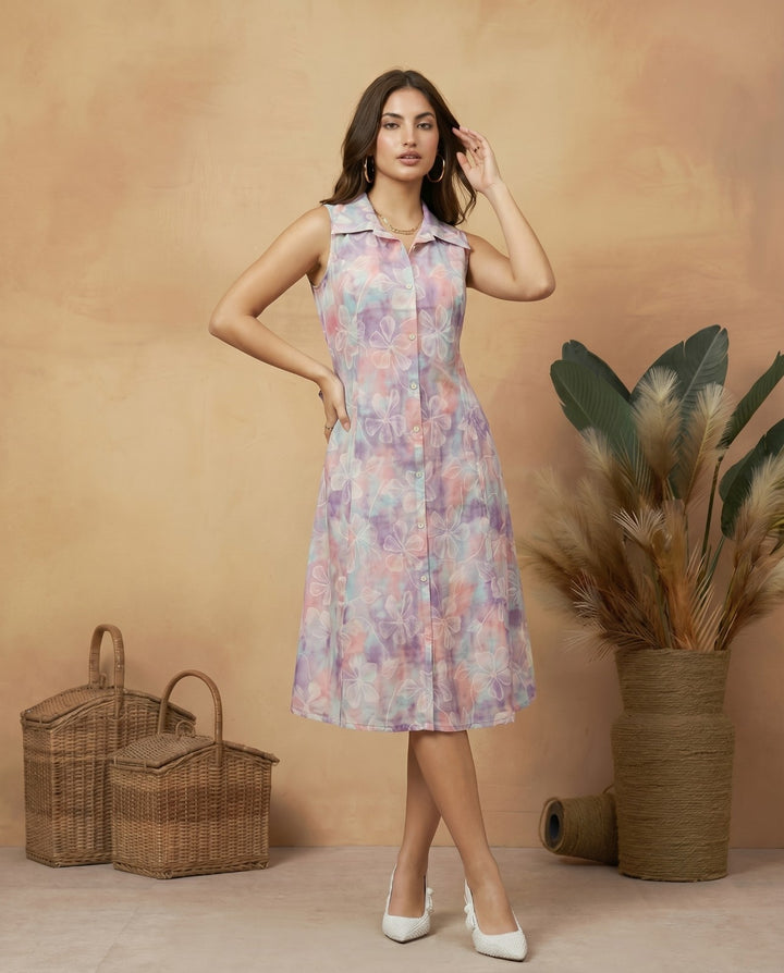 Lavender Printed Viscose Blended Midi Dress