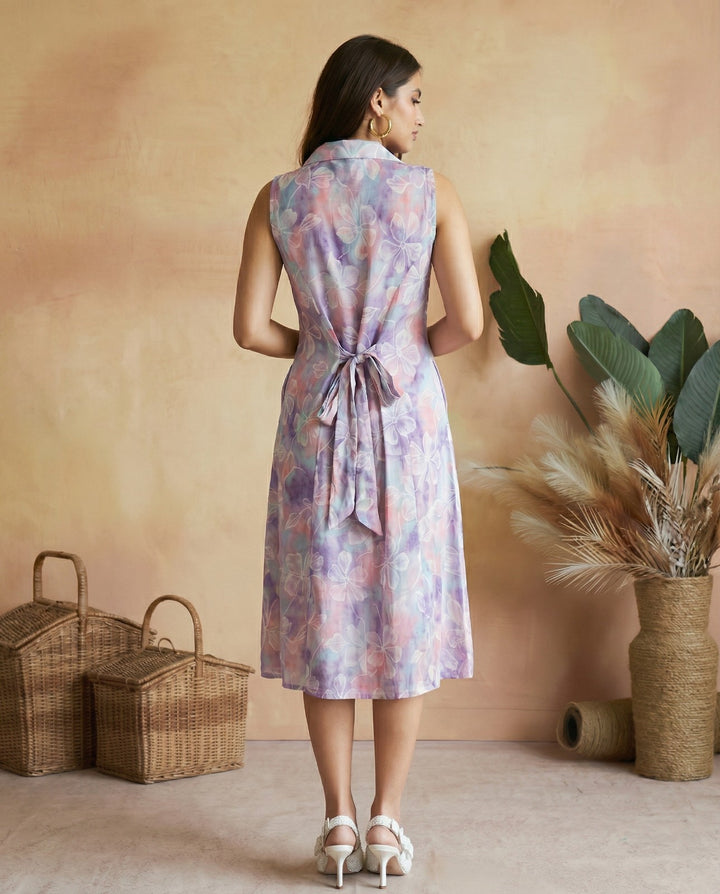 Lavender Printed Viscose Blended Midi Dress