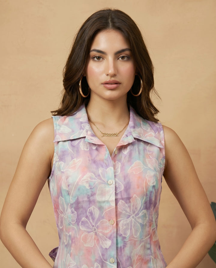 Lavender Printed Viscose Blended Midi Dress