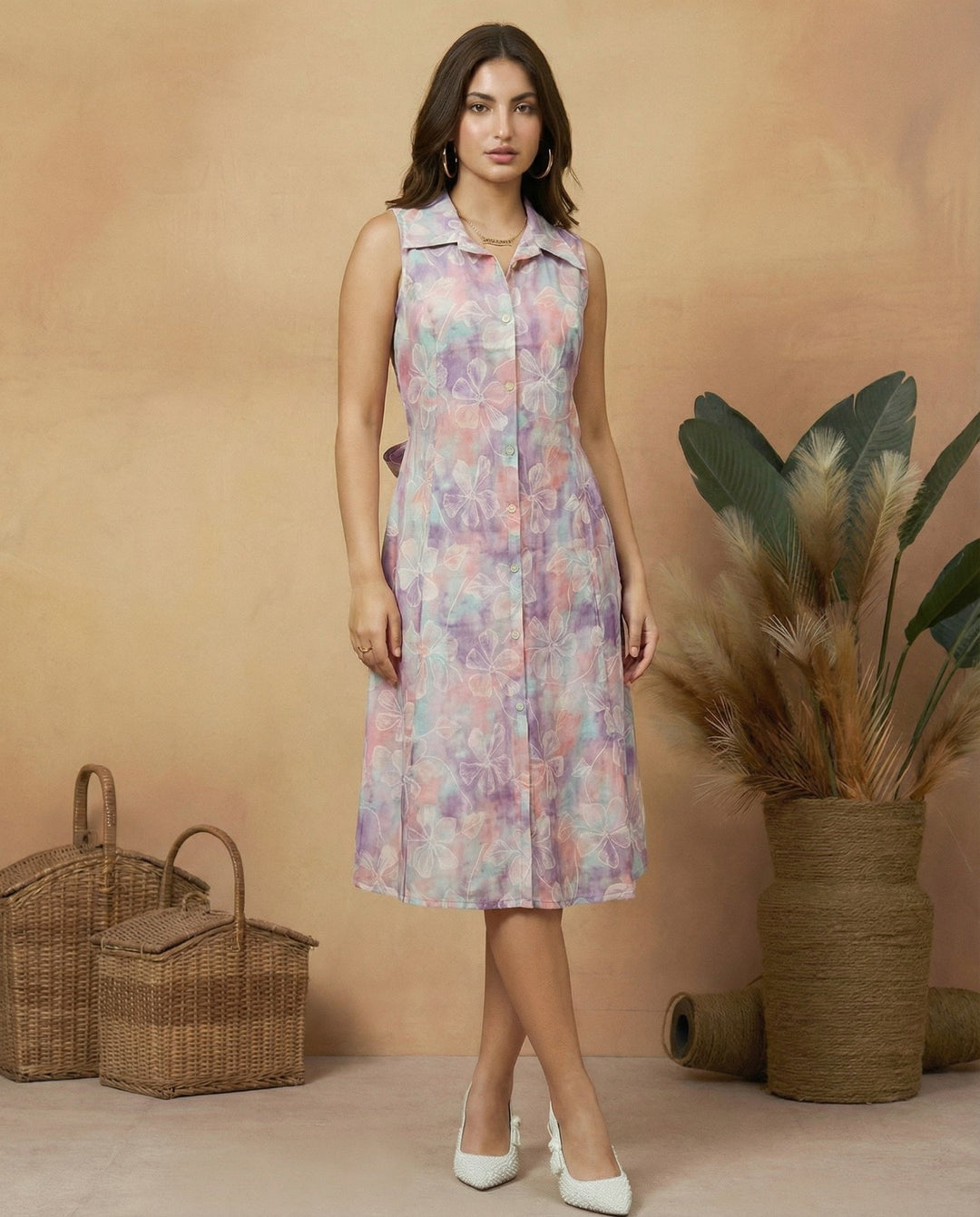 Lavender Printed Viscose Blended Midi Dress