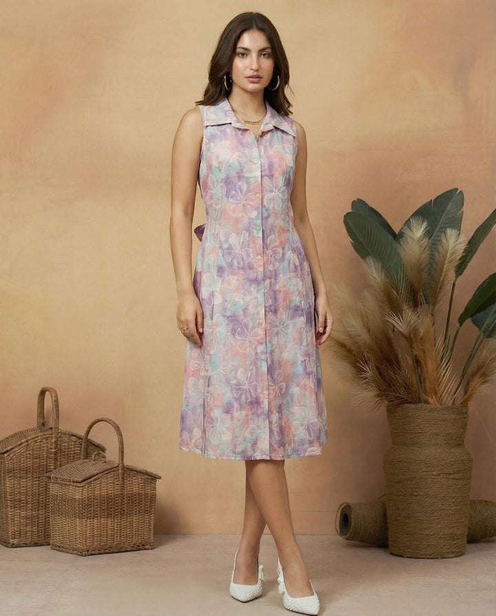 Lavender Printed Viscose Blended Midi Dress