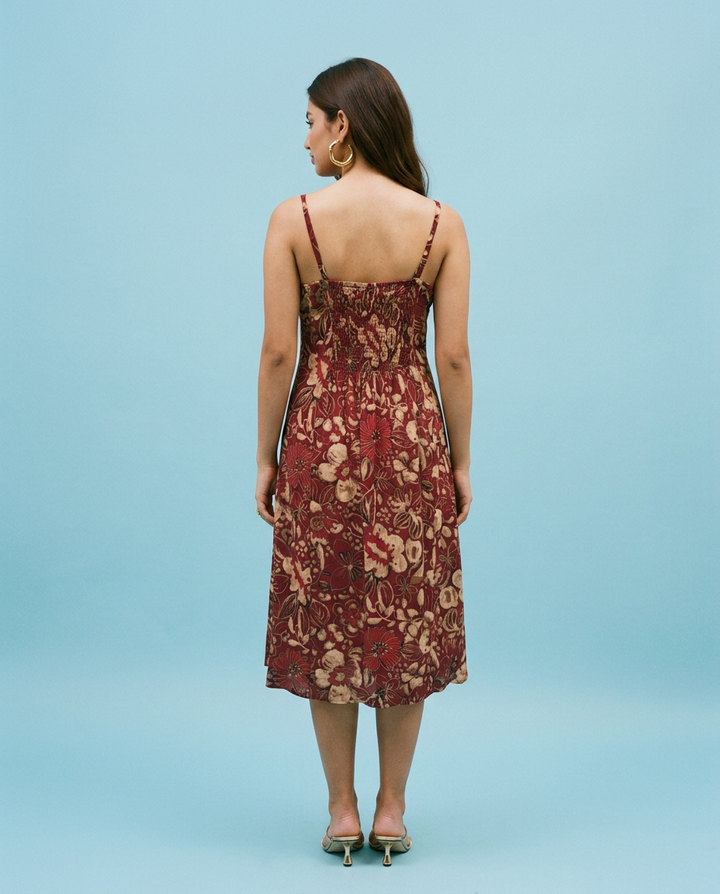 Maroon Printed Silk Blended Midi Dress