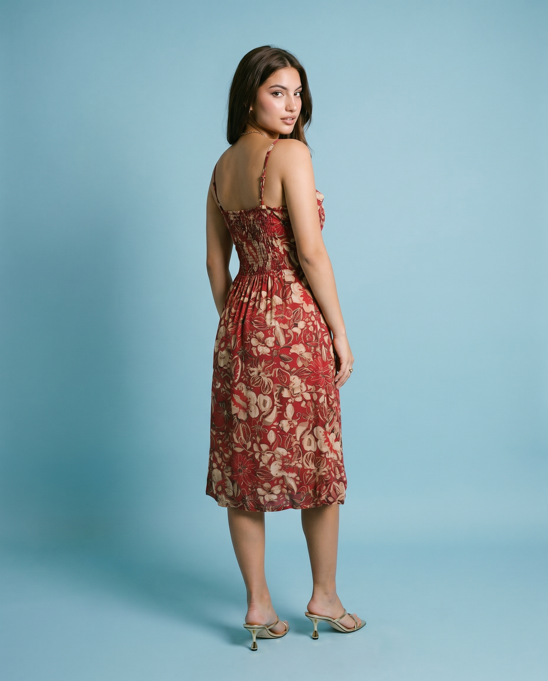 Maroon Printed Silk Blended Midi Dress