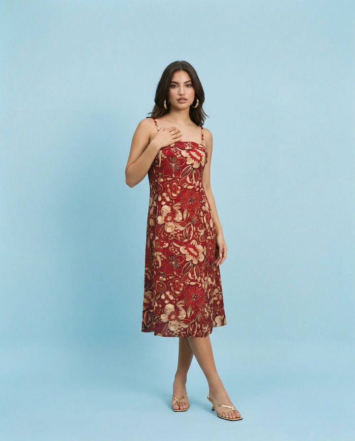 Maroon Printed Silk Blended Midi Dress