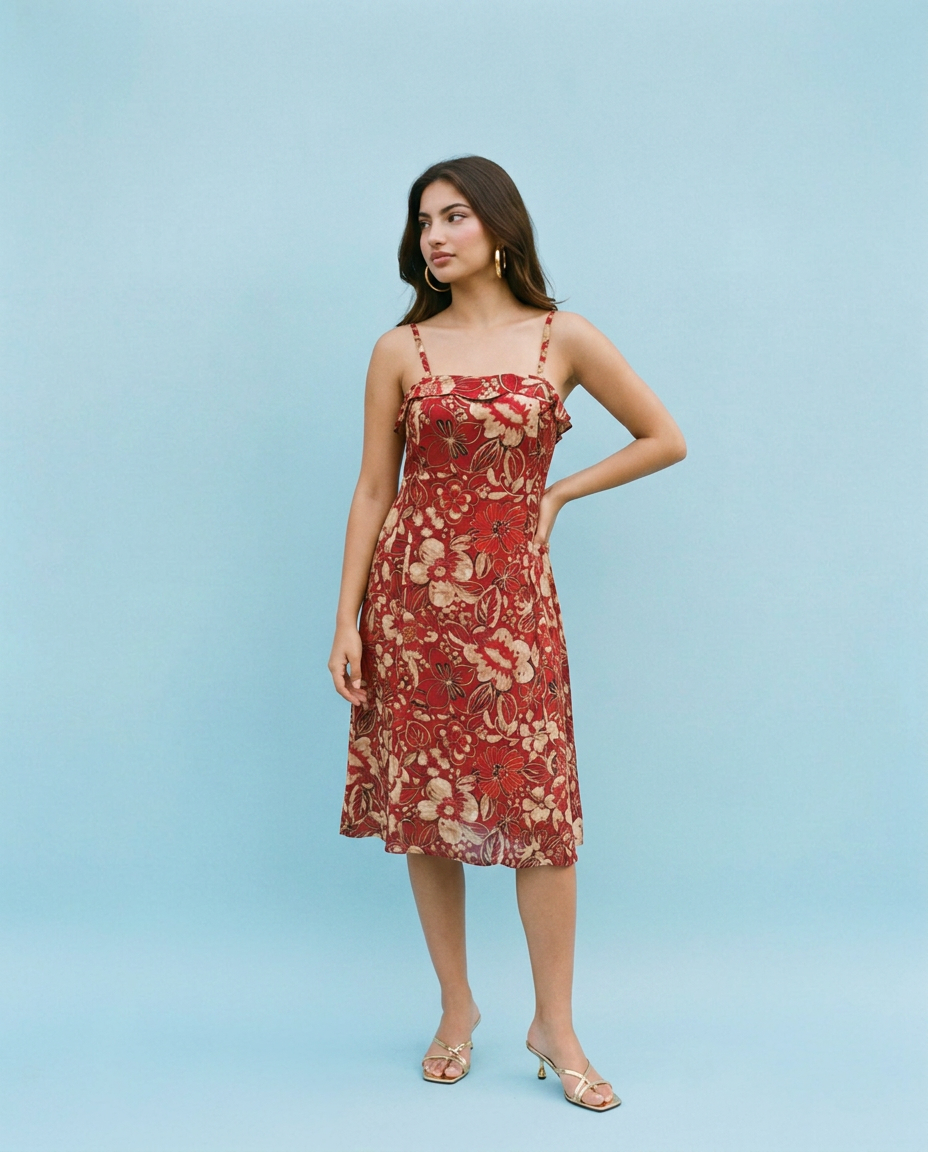 Maroon Printed Silk Blended Midi Dress