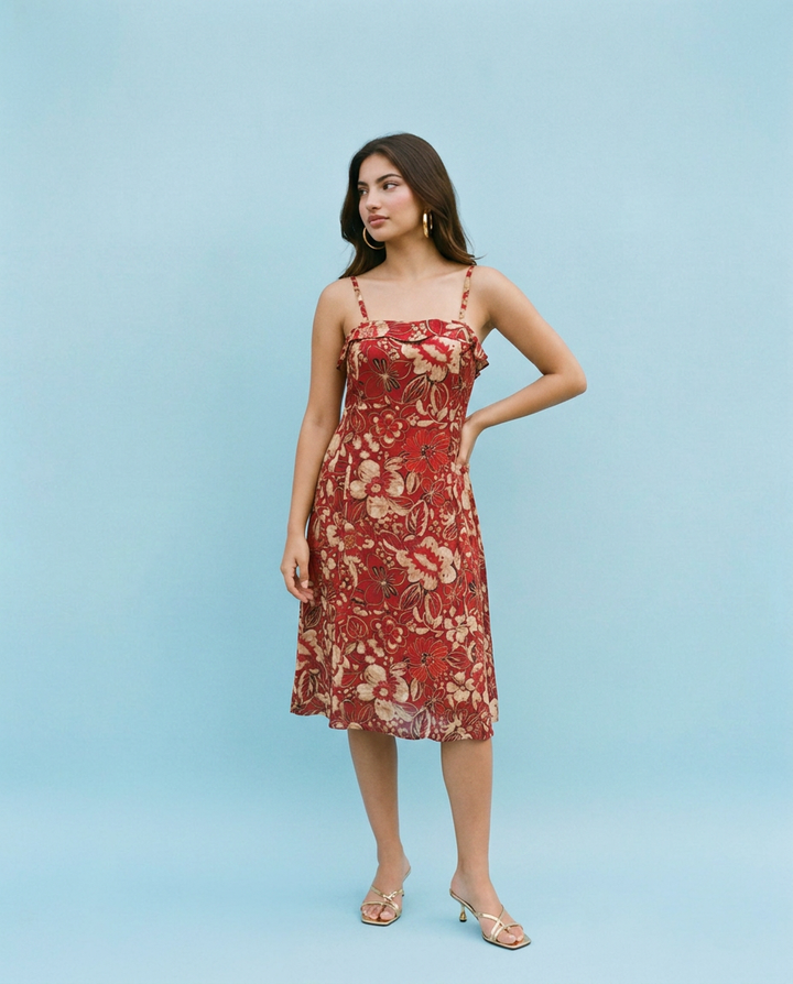 Maroon Printed Silk Blended Midi Dress