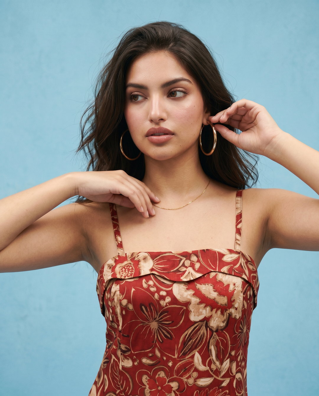 Maroon Printed Silk Blended Midi Dress