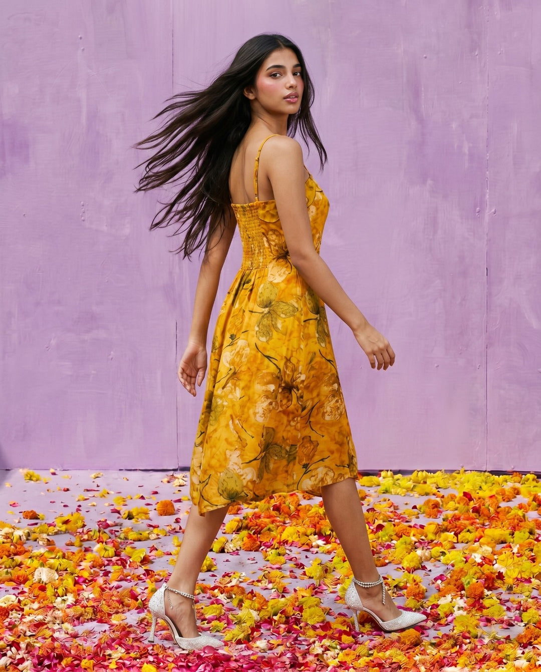 Mustard Printed Silk Blended Midi Dress