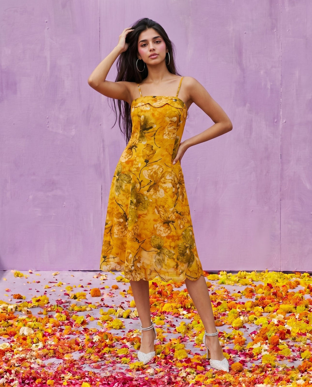 Mustard Printed Silk Blended Midi Dress