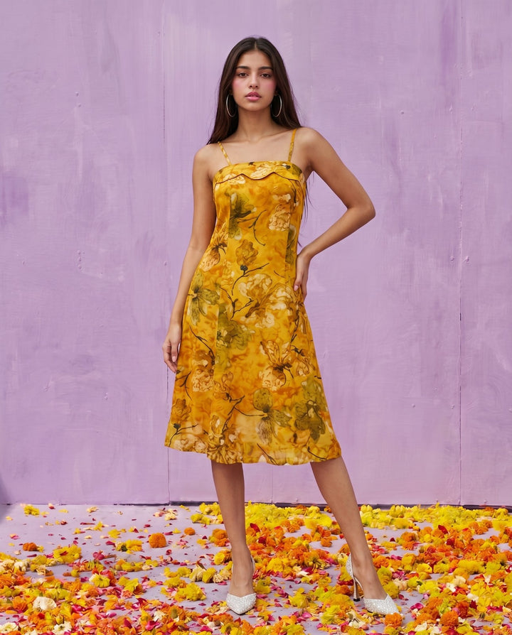 Mustard Printed Silk Blended Midi Dress