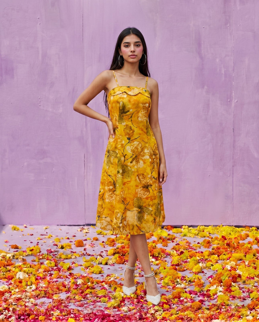 Mustard Printed Silk Blended Midi Dress