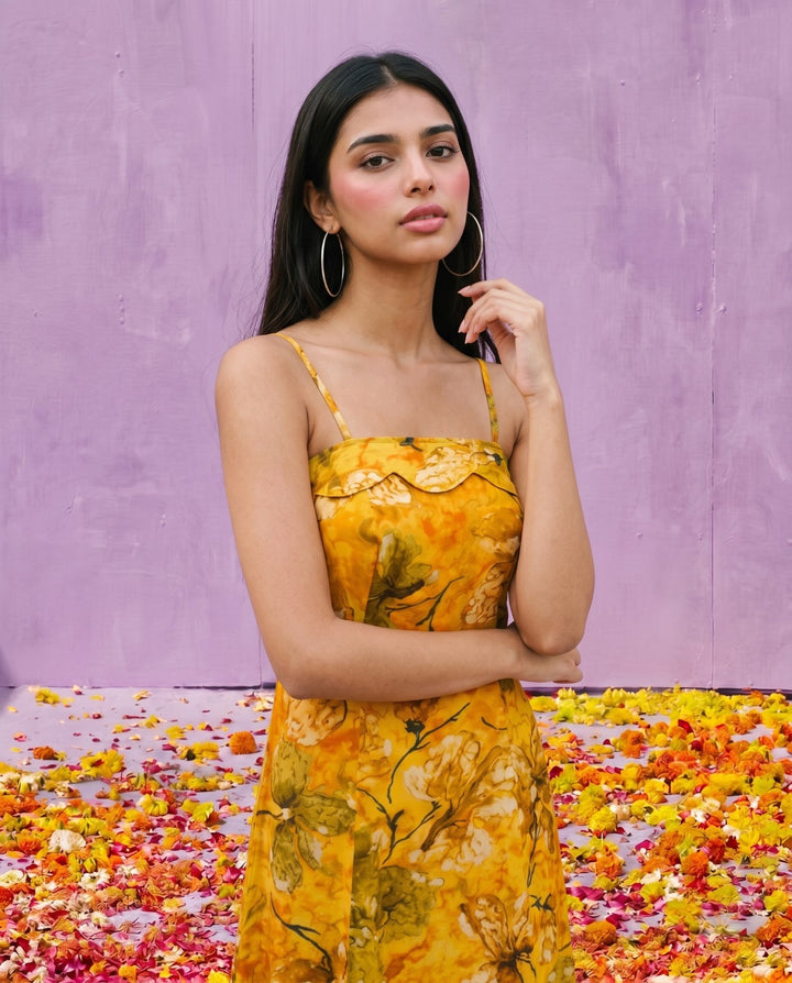 Mustard Printed Silk Blended Midi Dress