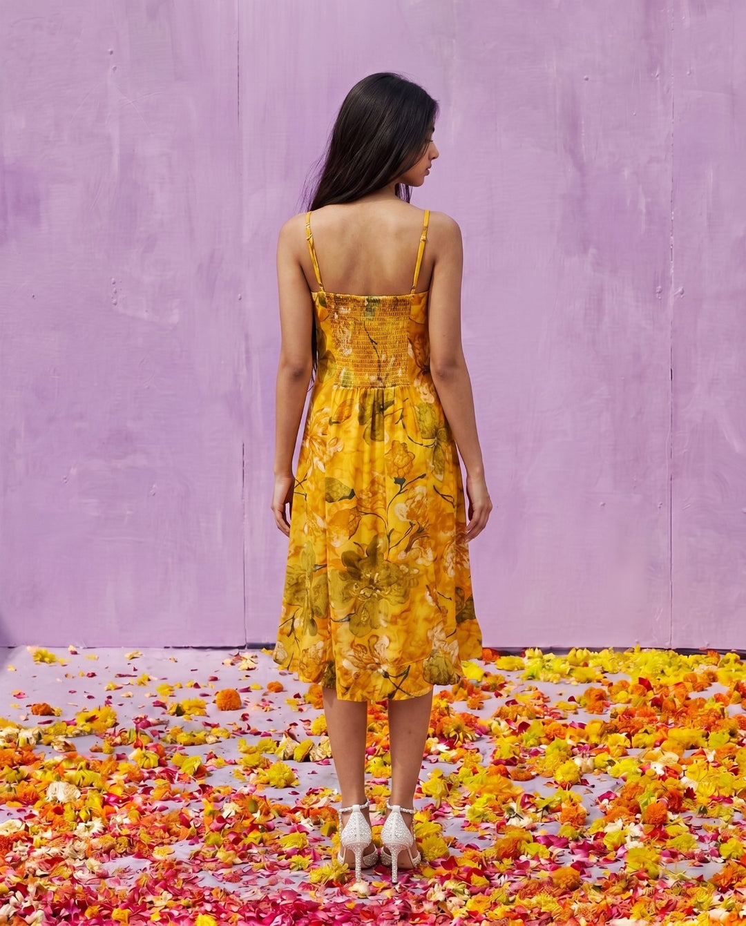 Mustard Printed Silk Blended Midi Dress