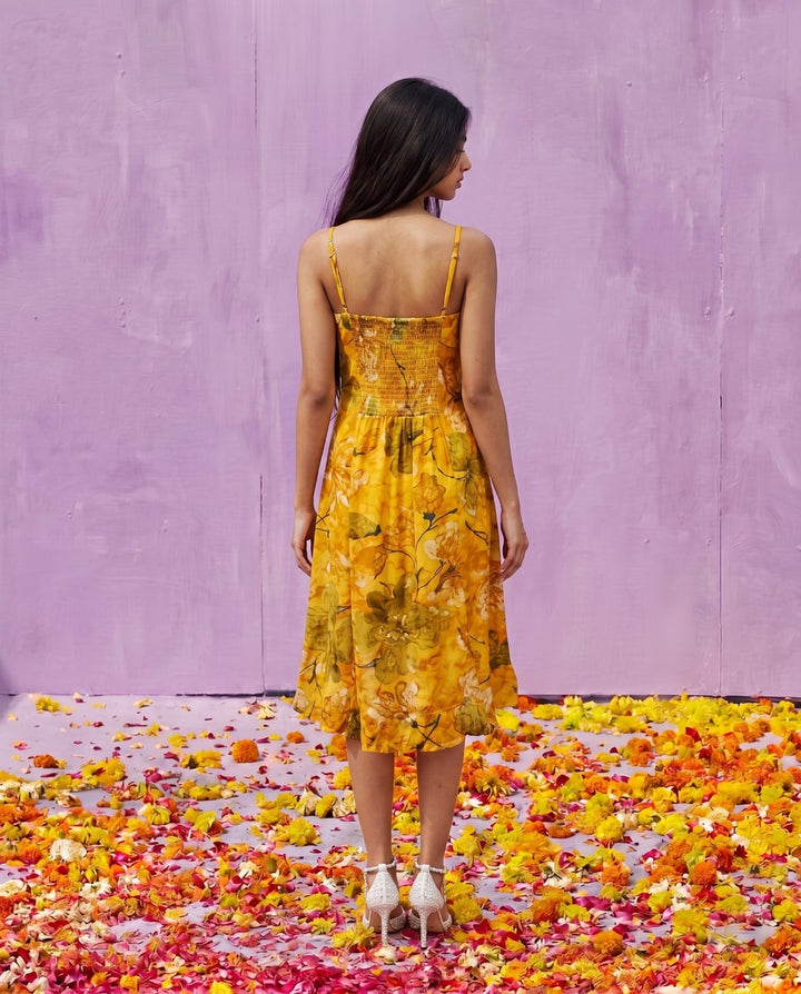 Mustard Printed Silk Blended Midi Dress