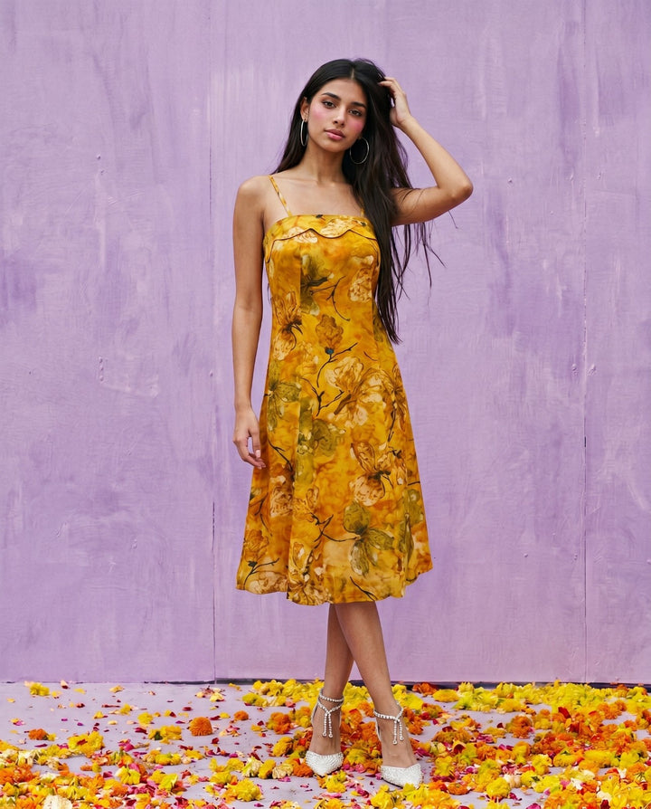 Mustard Printed Silk Blended Midi Dress