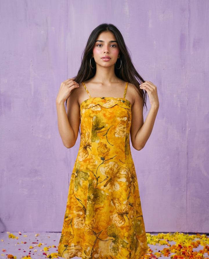 Mustard Printed Silk Blended Midi Dress