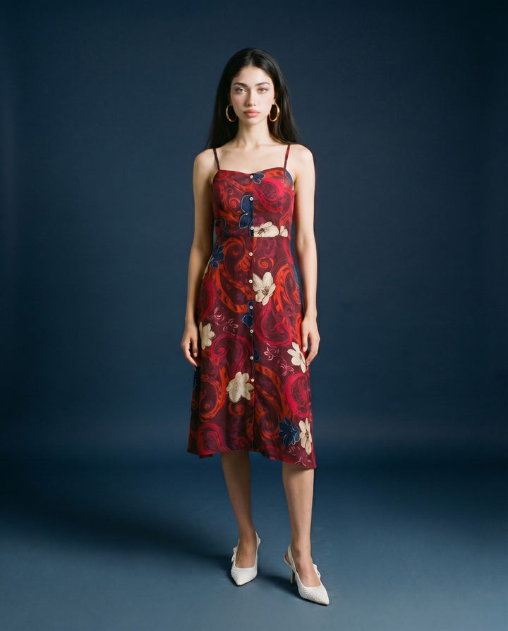 Maroon Printed Silk Blended Midi Dress