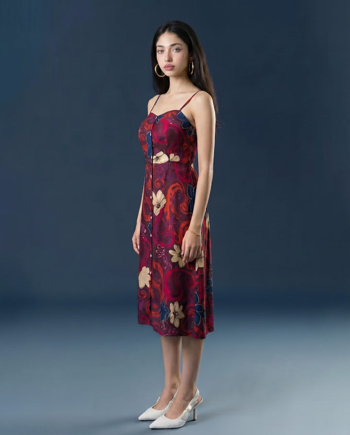 Maroon Printed Silk Blended Midi Dress