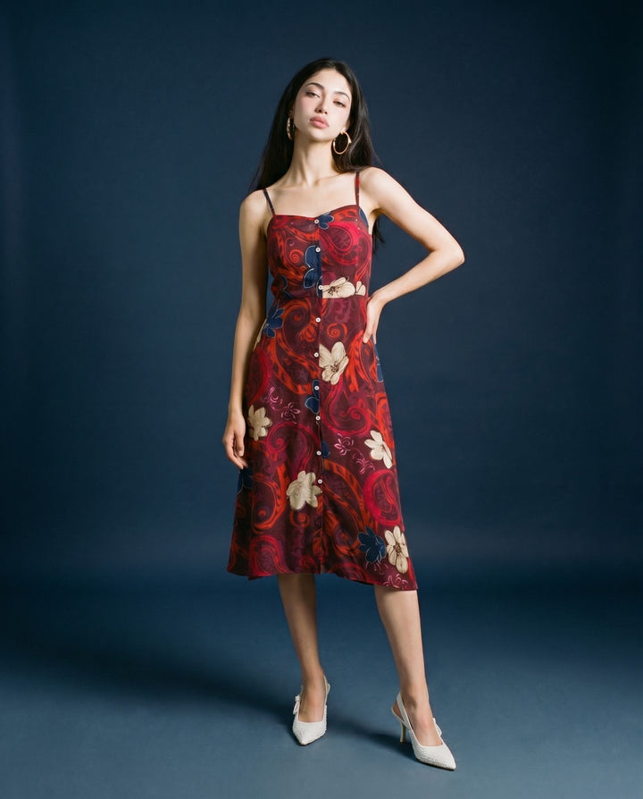 Maroon Printed Silk Blended Midi Dress