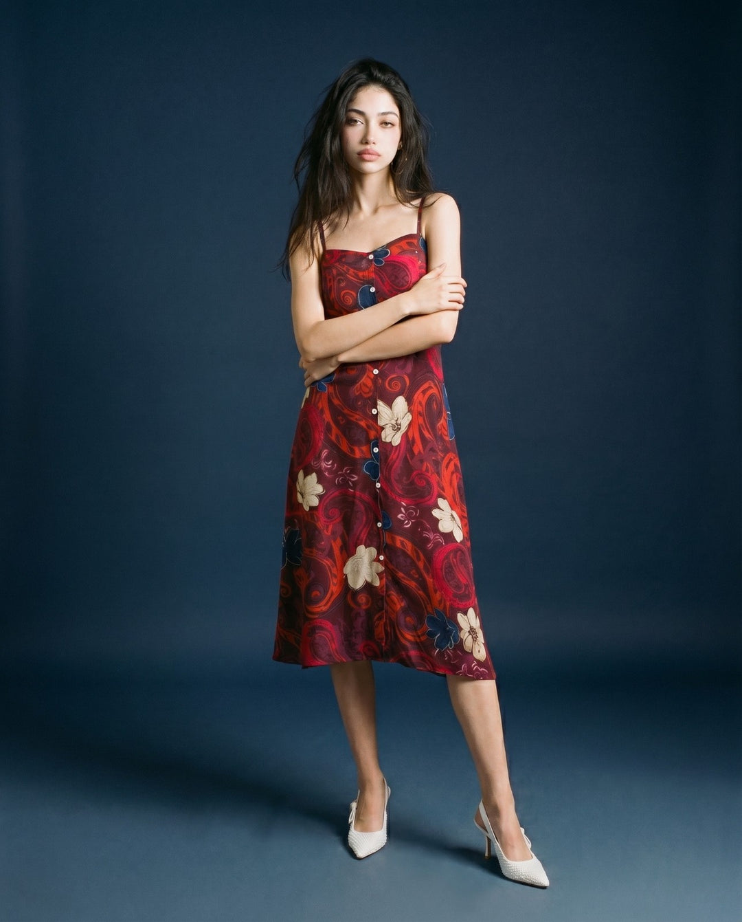 Maroon Printed Silk Blended Midi Dress