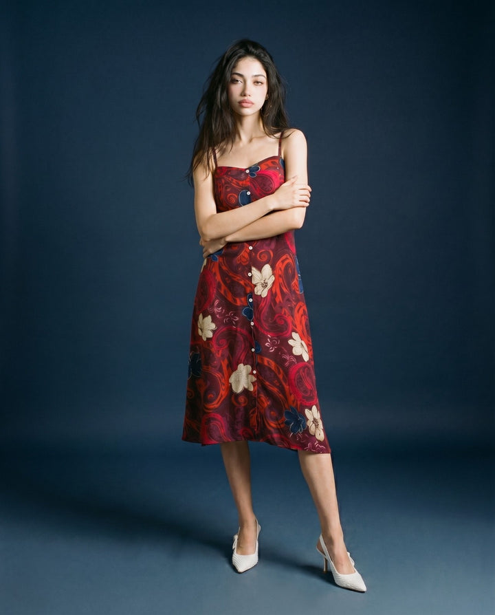 Maroon Printed Silk Blended Midi Dress