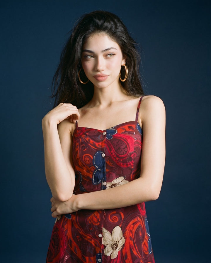 Maroon Printed Silk Blended Midi Dress