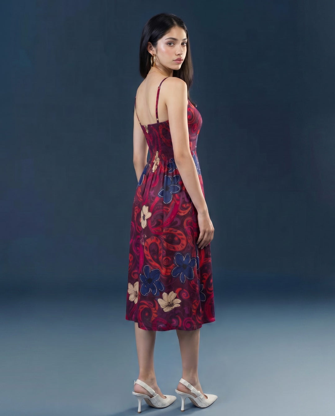 Maroon Printed Silk Blended Midi Dress