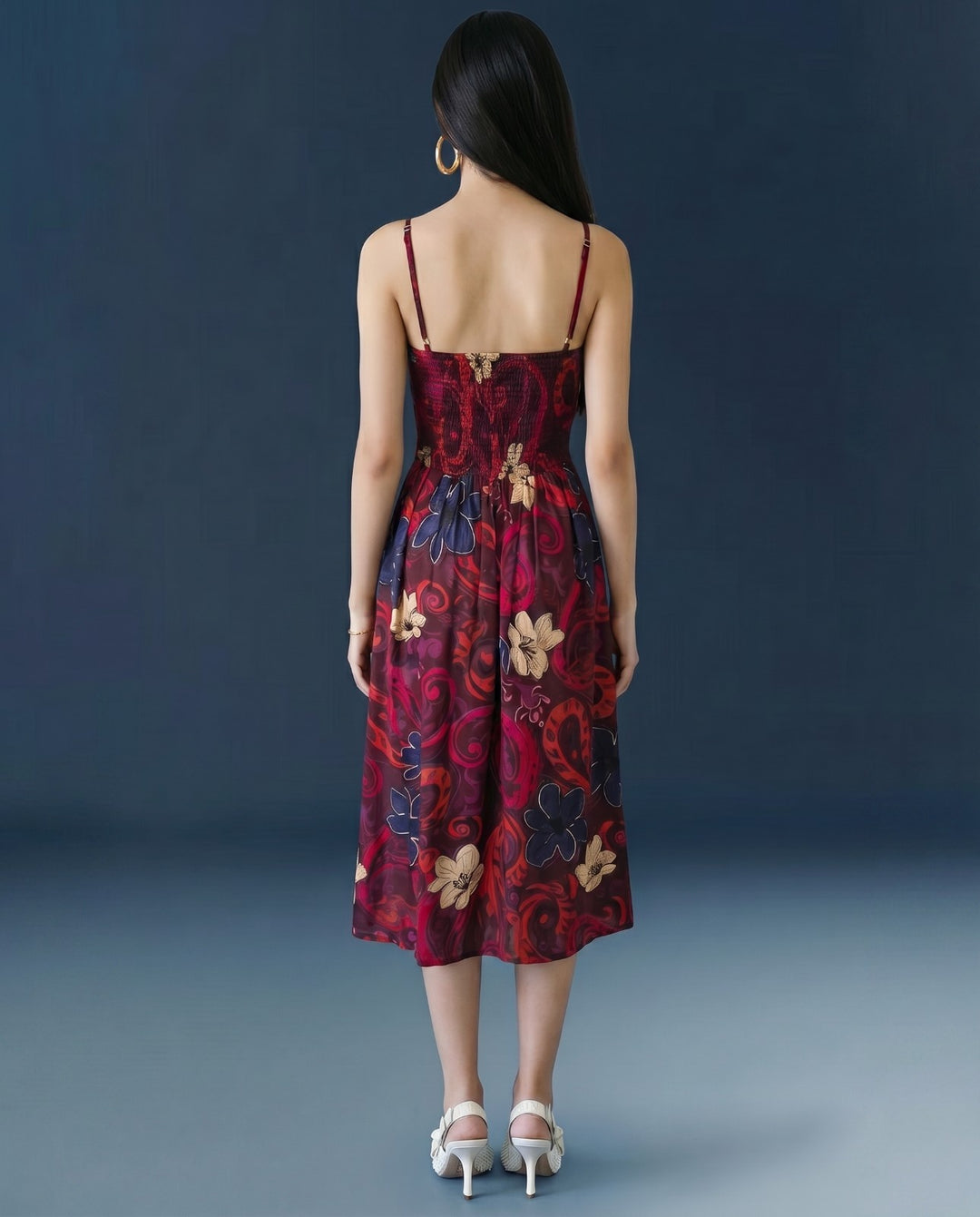 Maroon Printed Silk Blended Midi Dress