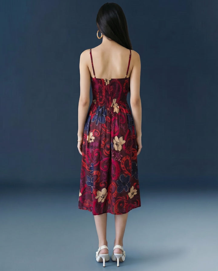 Maroon Printed Silk Blended Midi Dress
