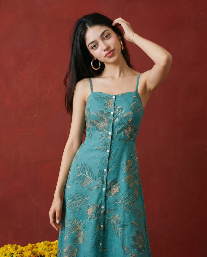 Teal Printed Silk Blended Midi Dress
