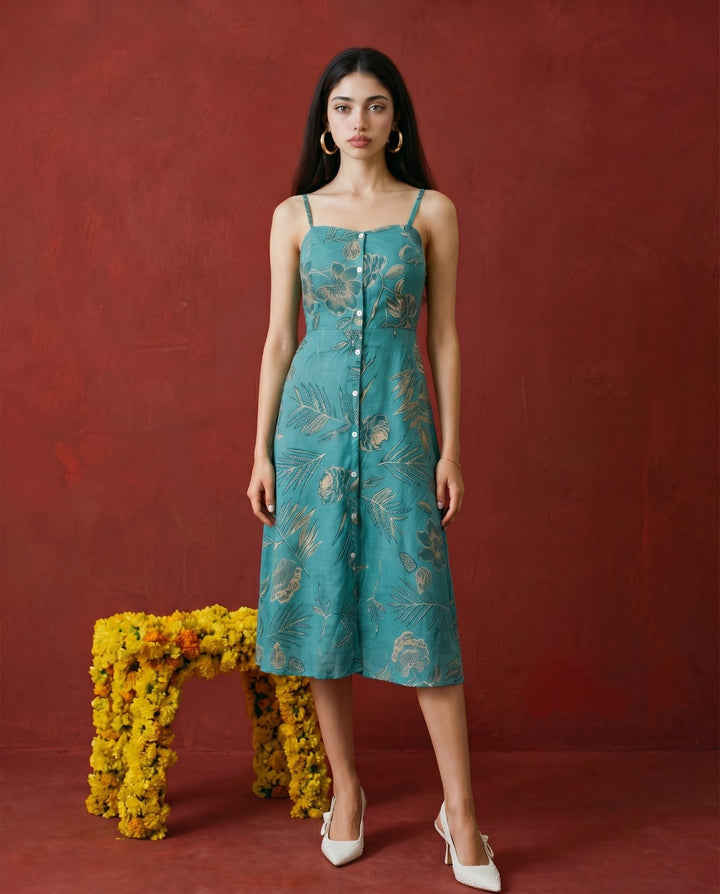 Teal Printed Silk Blended Midi Dress