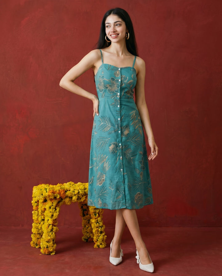 Teal Printed Silk Blended Midi Dress