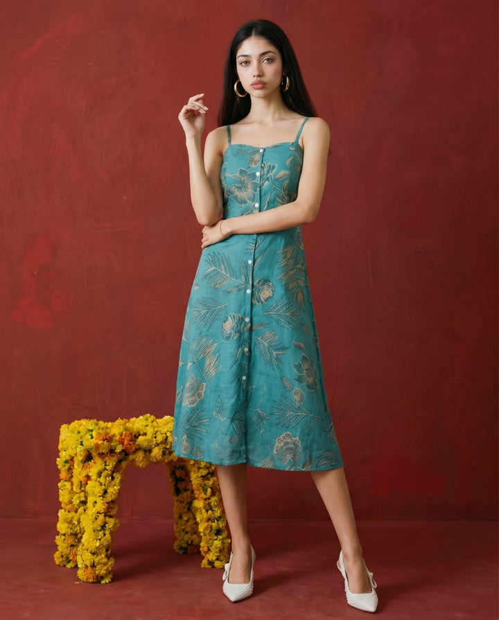 Teal Printed Silk Blended Midi Dress