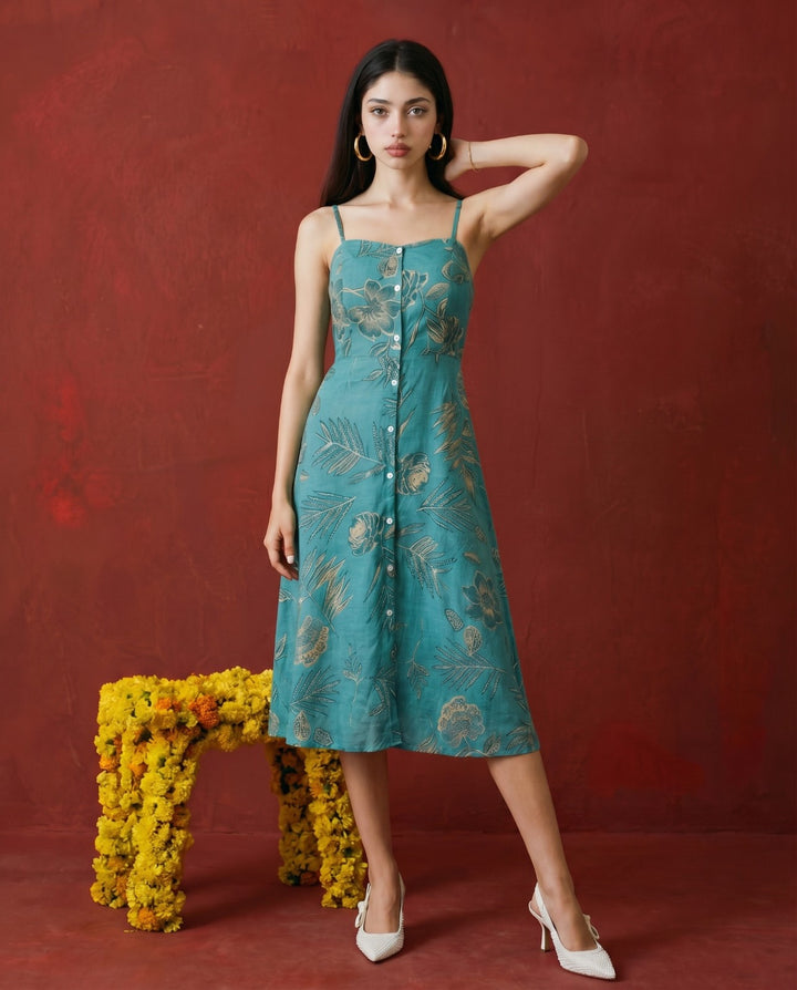 Teal Printed Silk Blended Midi Dress