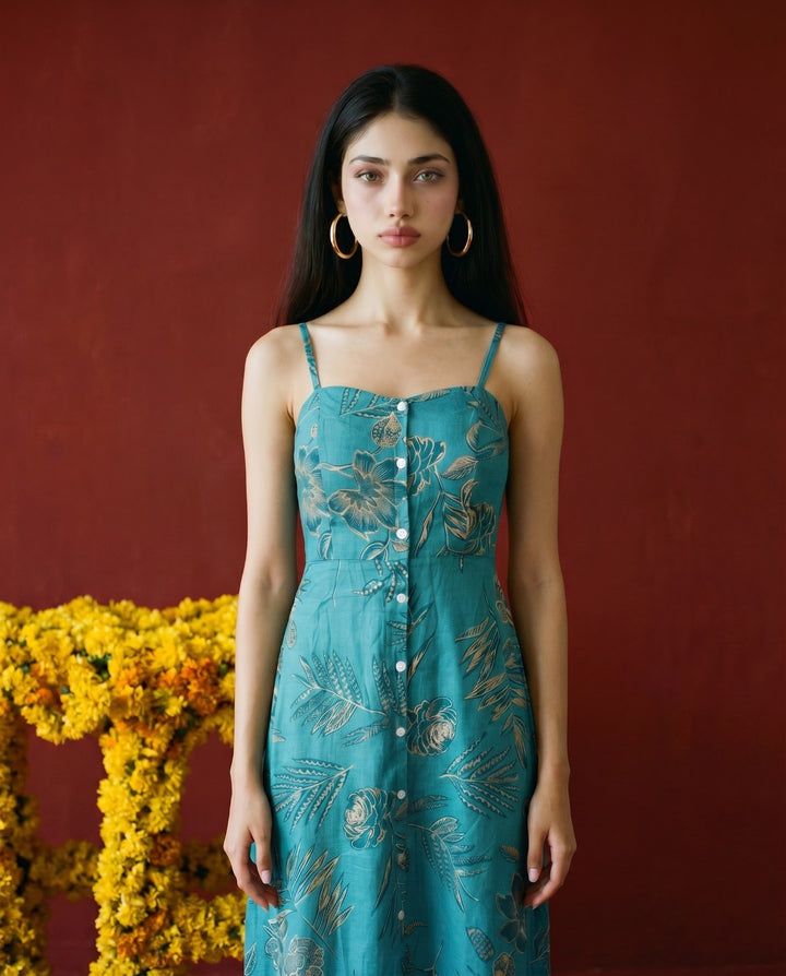 Teal Printed Silk Blended Midi Dress