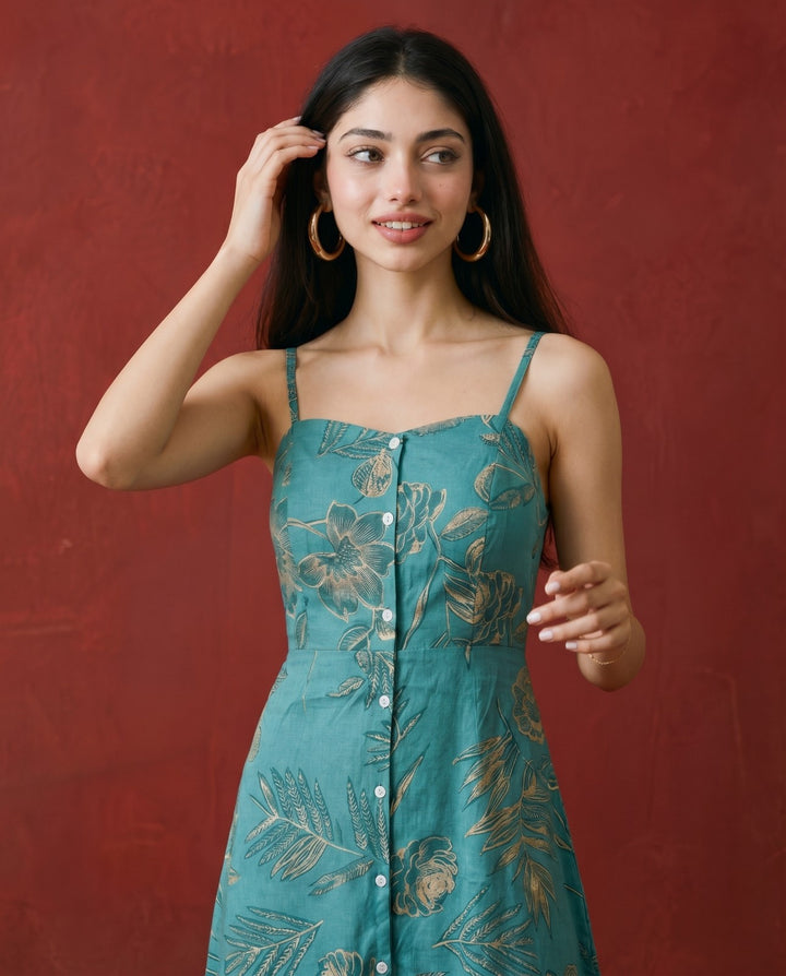 Teal Printed Silk Blended Midi Dress