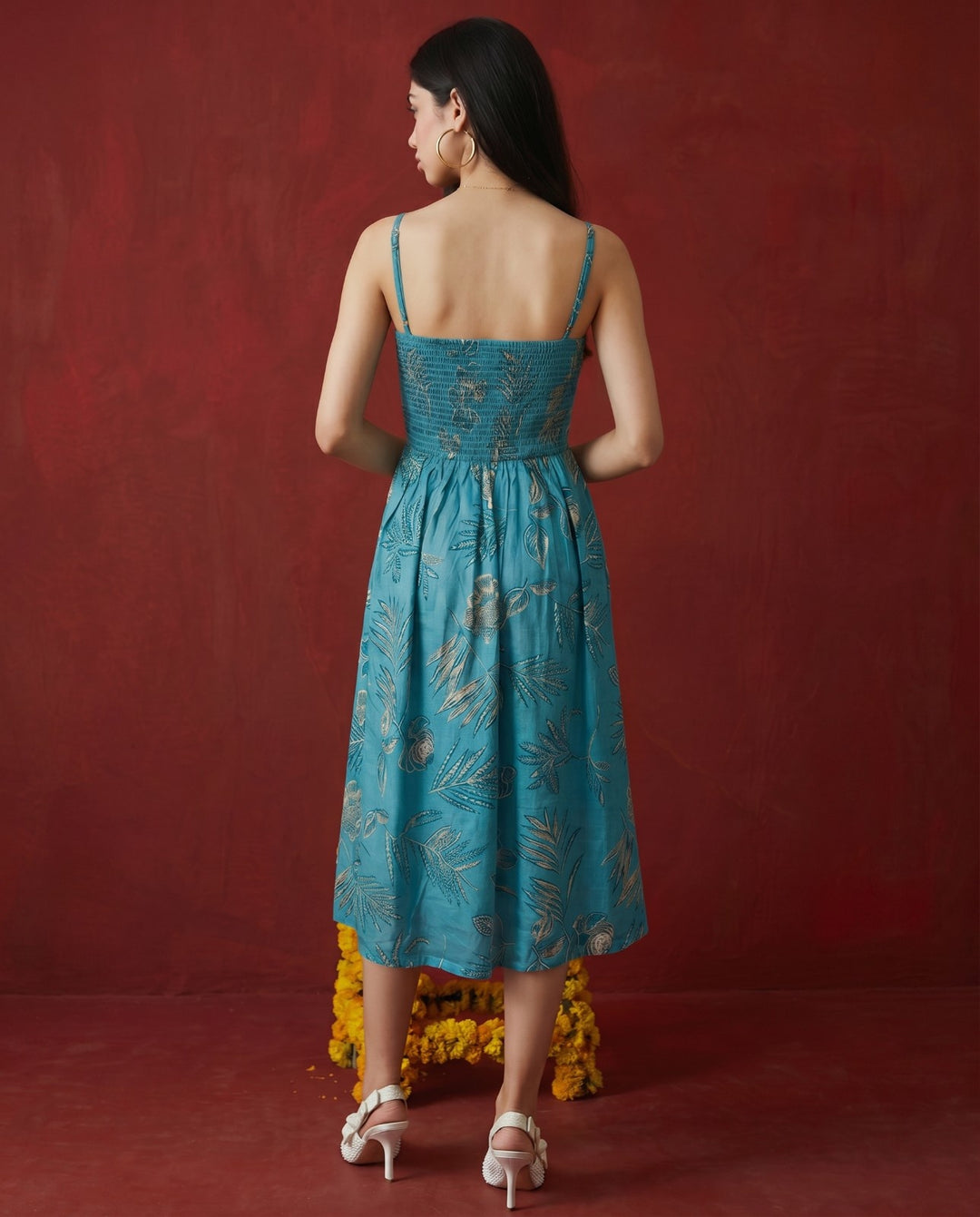 Teal Printed Silk Blended Midi Dress