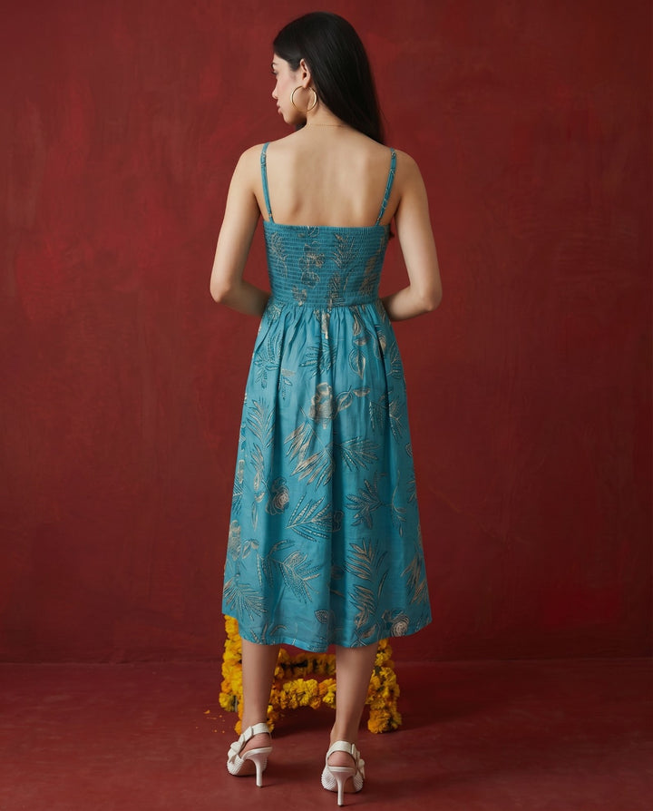 Teal Printed Silk Blended Midi Dress