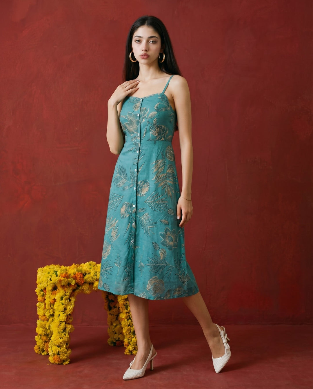 Teal Printed Silk Blended Midi Dress