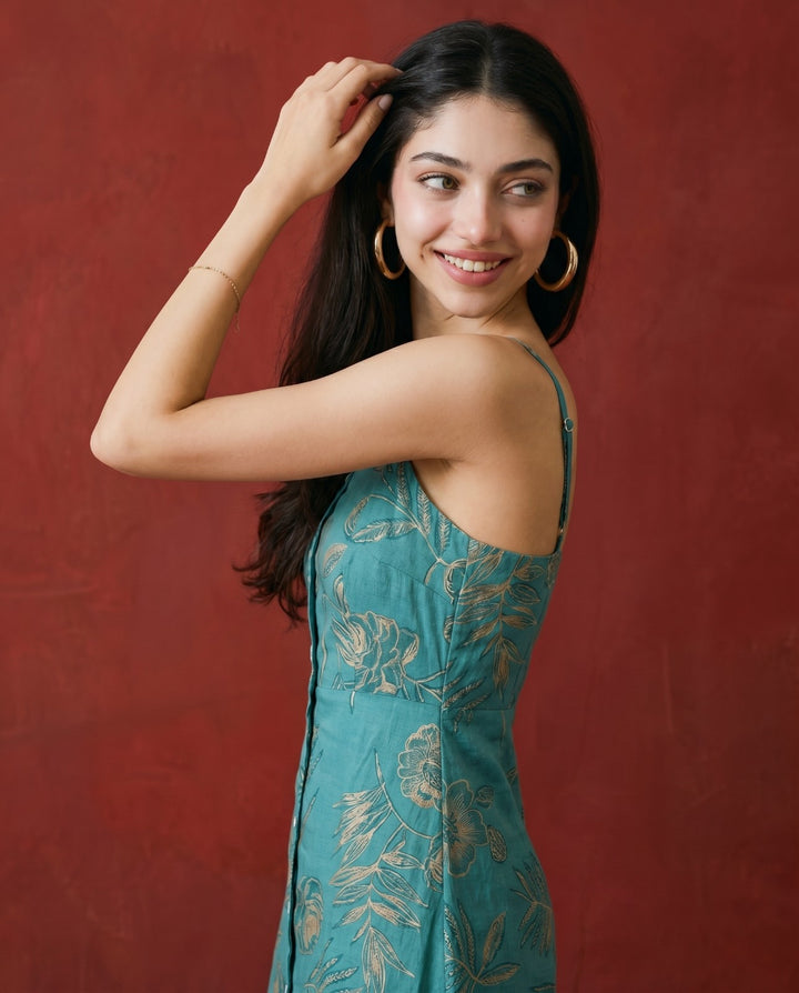 Teal Printed Silk Blended Midi Dress
