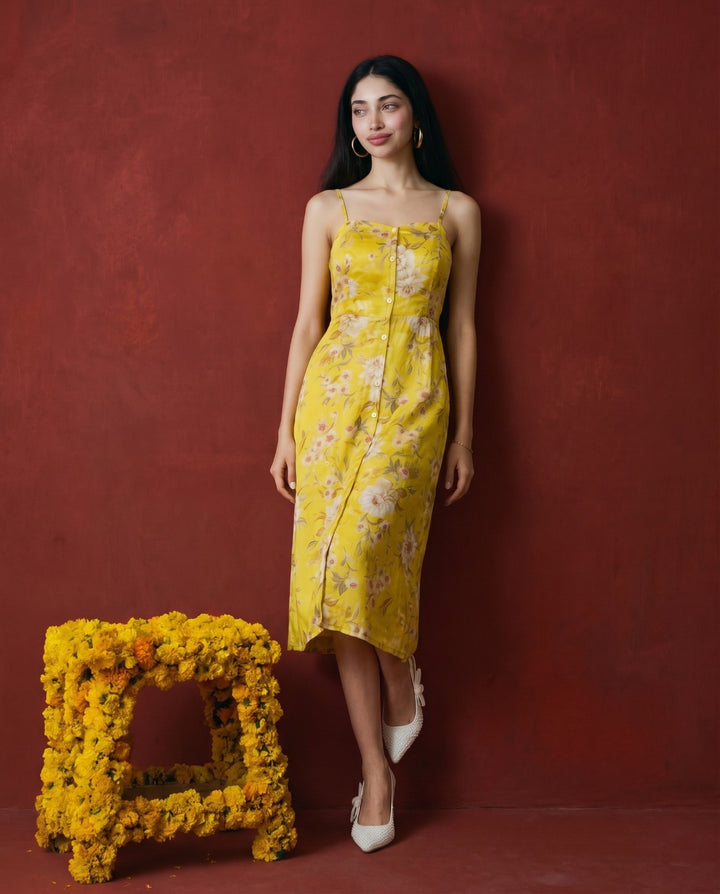 Yellow Printed Silk Blended Midi Dress