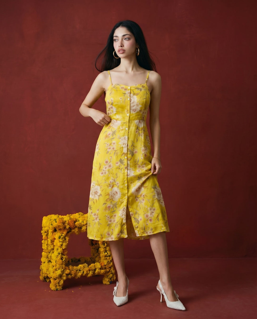 Yellow Printed Silk Blended Midi Dress