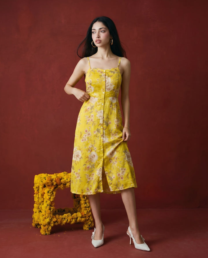 Yellow Printed Silk Blended Midi Dress