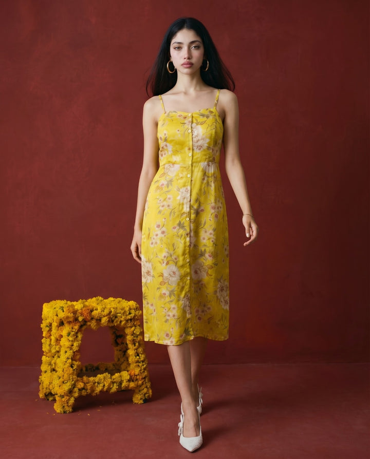 Yellow Printed Silk Blended Midi Dress